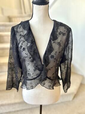 Vintage 90s Black Sheer Floral Ruffle Sparkle Cardigan Whimsygoth Regency Fairy